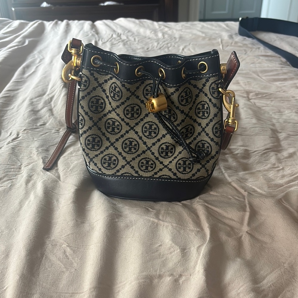 Tory Burch Mini Black and Tan Bag with Drawstring Closure